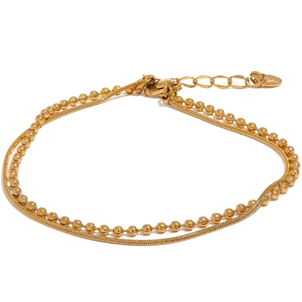 𝅺NEW Flat & Bead Chains Double Layer Bracelet Gold or Silver Chain Bracelet